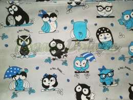 BAWEŁNA SZALONE SOWY NIEBIESKIE