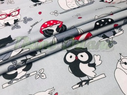 BAWEŁNA SZALONE SOWY CZERWONE