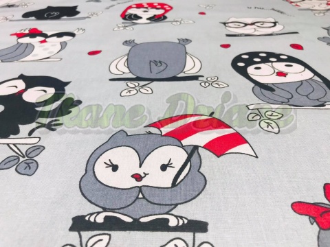 BAWEŁNA SZALONE SOWY CZERWONE