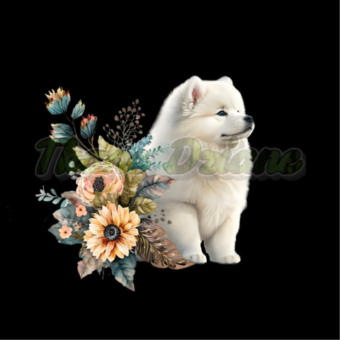 PANEL POLIESTER WODOODPORNY SAMOYED W KWIATACH PANEL POLIESTER WODOODPORNY SAMOYED W KWIATACH