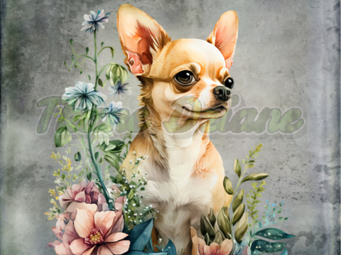 PANEL DRUKOWANY CHIHUAHUA W KWIATACH TŁO PASTEL SZARY NR 8