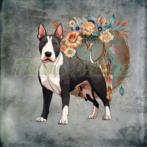 PANEL DRUKOWANY BULL TERRIER BOHO TŁO PASTEL SZARY PANEL DRUKOWANY BULL TERRIER BOHO TŁO PASTEL SZARY