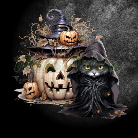 PANEL DRUKOWANY KOT CZARNY W KAPTURZE Z BIAŁĄ DYNIĄ- KOCIAMBRY HALLOWEEN NR 3 PANEL DRUKOWANY KOT CZARNY W KAPTURZE Z BIAŁĄ DYNIĄ- KOCIAMBRY HALLOWEEN NR 3