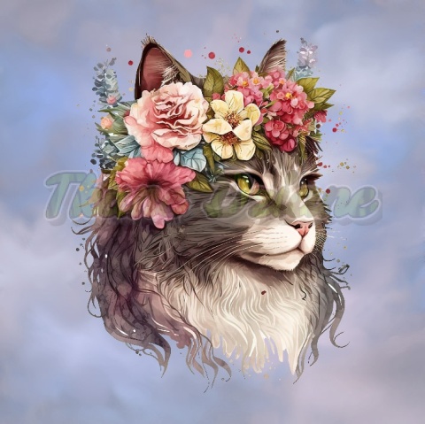 PANEL DRUKOWANY MAINE COON W KWIATOWYM WIANKU TŁO BABY BLUE NR 3 PANEL DRUKOWANY MAINE COON W KWIATOWYM WIANKU TŁO BABY BLUE NR 3