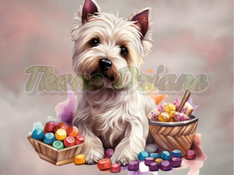 PANEL DRUKOWANY WEST HIGHLAND WHITE TERRIER Z PRALINKAMI TŁO BABY PINK NR 3