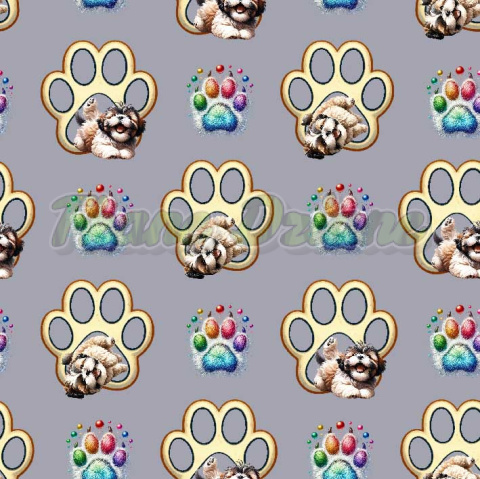 TKANINA DRUKOWANA SHIH TZU ŁAPKI ZŁOTE I MULTIKOLOR TŁO SZ TKANINA DRUKOWANA SHIH TZU ŁAPKI ZŁOTE I MULTIKOLOR TŁO SZ