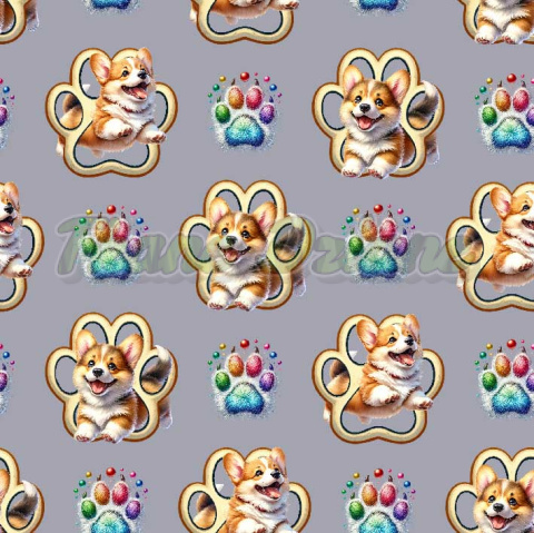 TKANINA DRUKOWANA CORGI ŁAPKI ZŁOTE I MULTIKOLOR TŁO SZ TKANINA DRUKOWANA CORGI ŁAPKI ZŁOTE I MULTIKOLOR TŁO SZ