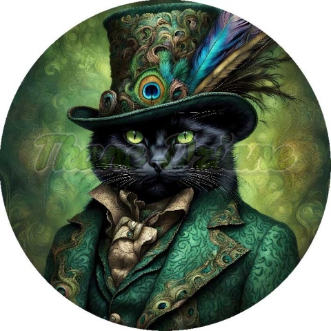 PANEL DRUKOWANY OKRĄGŁY KOT W ZIELONYM KAPELUSZU