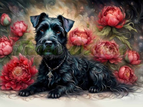 PANEL DRUKOWANY POZIOMY NA PODUSZKI TERRIER SZKOCKI W KWIATACH