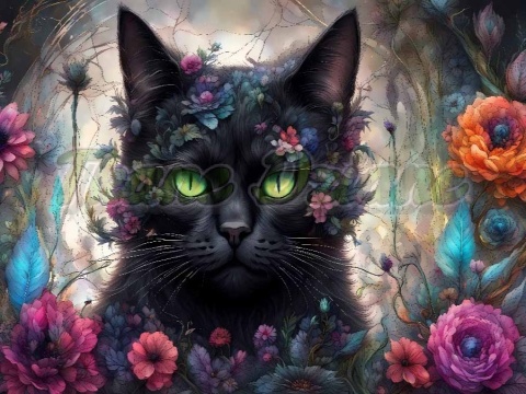 PANEL DRUKOWANY POZIOMY NA PODUSZKI CZARNY KOT W KWIATACH NR 2