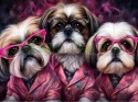 PANEL DRUKOWANY POZIOMY NA PODUSZKI TRZY SHIH TZU W RÓŻOWYCH MARYNARKACH