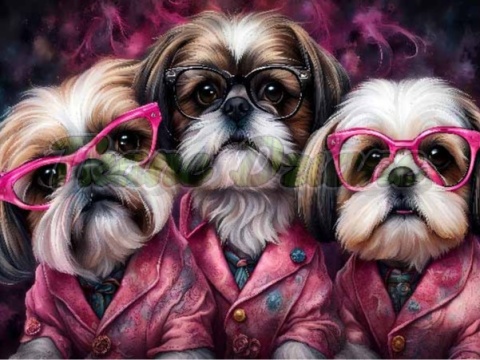 PANEL DRUKOWANY POZIOMY NA PODUSZKI TRZY SHIH TZU W RÓŻOWYCH MARYNARKACH