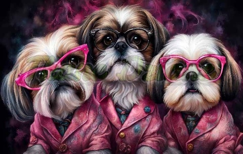 PANEL DRUKOWANY POZIOMY NA PODUSZKI TRZY SHIH TZU W RÓŻOWYCH MARYNARKACH