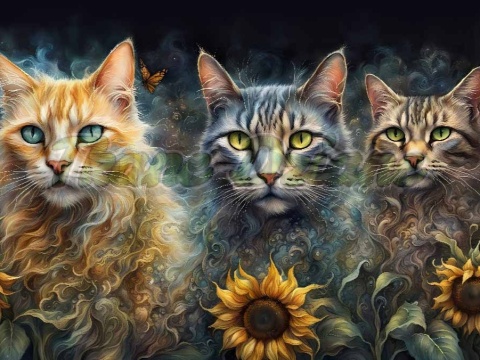 PANEL DRUKOWANY POZIOMY NA PODUSZKI TRZY KOTY W SŁONECZNIKACH