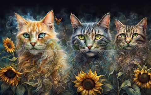 PANEL DRUKOWANY POZIOMY NA PODUSZKI TRZY KOTY W SŁONECZNIKACH