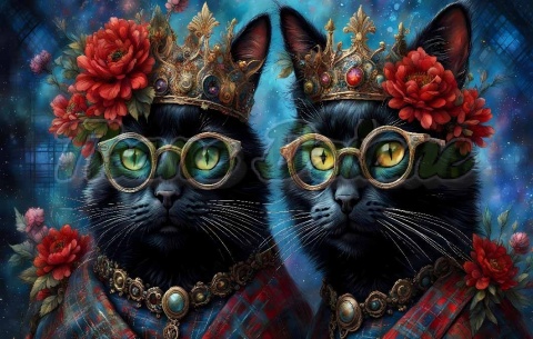 PANEL DRUKOWANY POZIOMY NA PODUSZKI DWA CZARNE KOTY Z KORONAMI