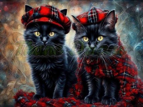 PANEL DRUKOWANY POZIOMY NA PODUSZKI DWA CZARNE KOTY W BERETACH