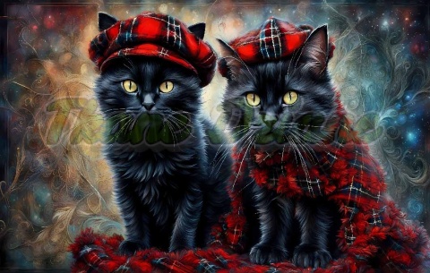 PANEL DRUKOWANY POZIOMY NA PODUSZKI DWA CZARNE KOTY W BERETACH