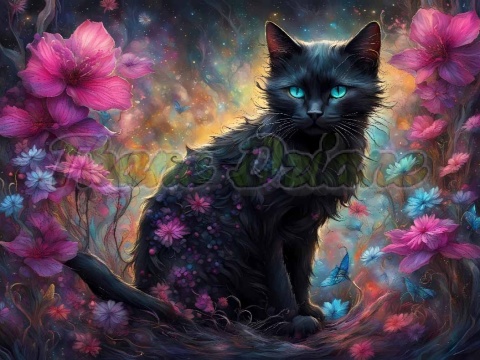 PANEL DRUKOWANY PROSTOKĄTNY POZIOMY/KOSMETYCZKA CZARNY KOT W RÓŻOWYCH KWIATACH