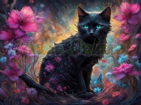 PANEL DRUKOWANY PROSTOKĄTNY POZIOMY/KOSMETYCZKA CZARNY KOT W RÓŻOWYCH KWIATACH