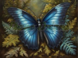 PANEL DRUKOWANY Z MCHU I PAPROCI- NIEBIESKI MOTYL