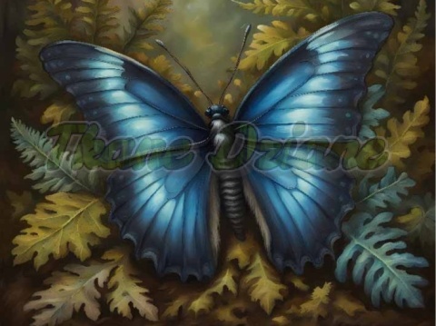 PANEL DRUKOWANY Z MCHU I PAPROCI- NIEBIESKI MOTYL