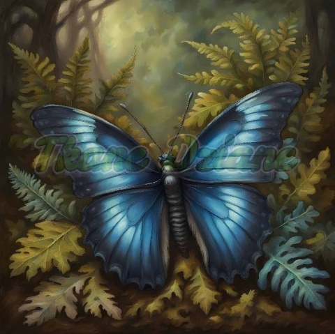 PANEL DRUKOWANY Z MCHU I PAPROCI- NIEBIESKI MOTYL