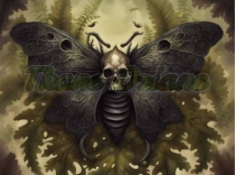 PANEL DRUKOWANY Z MCHU I PAPROCI- CZARNA ĆMA Z CZASZKĄ