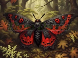 PANEL DRUKOWANY Z MCHU I PAPROCI- CZERWONY MOTYL