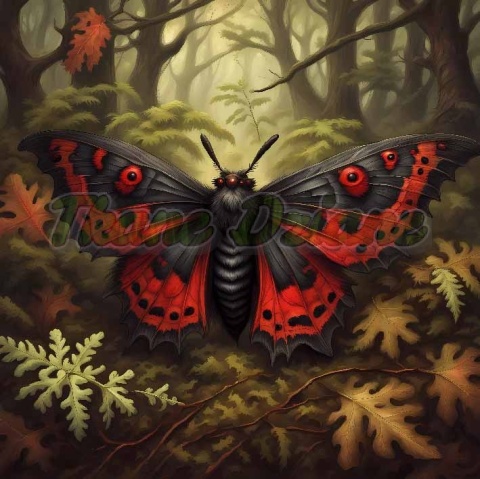 PANEL DRUKOWANY Z MCHU I PAPROCI- CZERWONY MOTYL