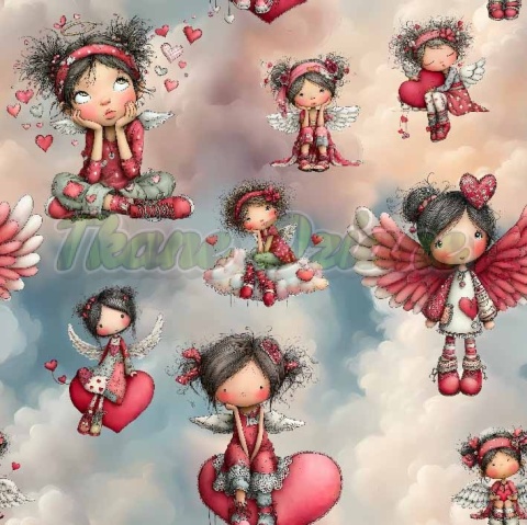 TKANINA DRUKOWANA WALENTYNKOWE DZIEWCZYNY DUŻY WZÓR TŁO CHMURKI NR 1