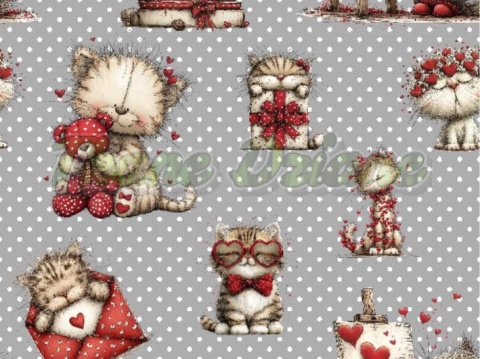 TKANINA DRUKOWANA WALENTYNKOWE KOTKI TŁO GROSZKI SZ NR 5