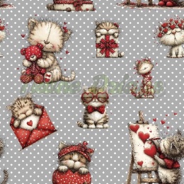 TKANINA DRUKOWANA WALENTYNKOWE KOTKI TŁO GROSZKI SZ NR 5