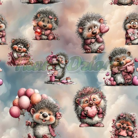 TKANINA DRUKOWANA WALENTYNKOWE JEŻE TŁO CHMURKI NR 12