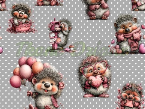 TKANINA DRUKOWANA WALENTYNKOWE JEŻE TŁO GROSZKI SZ NR 10