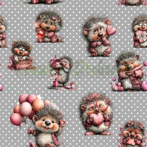 TKANINA DRUKOWANA WALENTYNKOWE JEŻE TŁO GROSZKI SZ NR 10