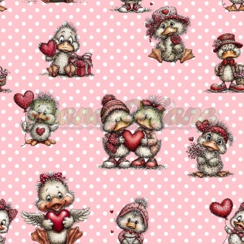 TKANINA DRUKOWANA WALENTYNKOWE KACZORY TŁO GROSZKI BP NR 15