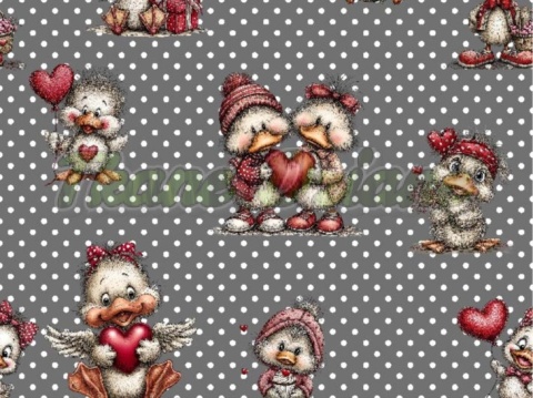 TKANINA DRUKOWANA WALENTYNKOWE KACZORY TŁO GROSZKI CSZ NR 14