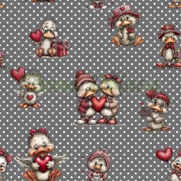 TKANINA DRUKOWANA WALENTYNKOWE KACZORY TŁO GROSZKI CSZ NR 14