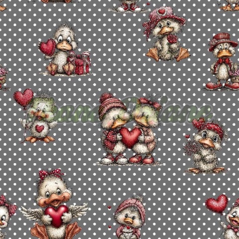 TKANINA DRUKOWANA WALENTYNKOWE KACZORY TŁO GROSZKI CSZ NR 14