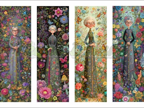 PANEL DRUKOWANY ZAKŁADKI DO KSIĄŻEK STARSZA KOBIETA W KWIATACH