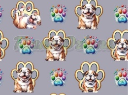 TKANINA DRUKOWANA BULDOGI ANGIELSKIE ŁAPKI ZŁOTE I MULTIKOLOR TŁO SZ