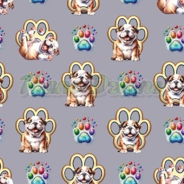 TKANINA DRUKOWANA BULDOGI ANGIELSKIE ŁAPKI ZŁOTE I MULTIKOLOR TŁO SZ