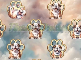 TKANINA DRUKOWANA BULDOGI ANGIELSKIE ŁAPKI ZŁOTE TŁO CHMURKI