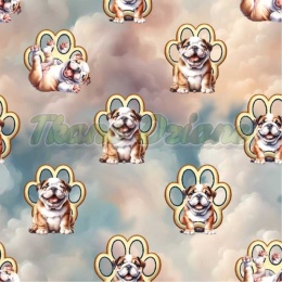 TKANINA DRUKOWANA BULDOGI ANGIELSKIE ŁAPKI ZŁOTE TŁO CHMURKI